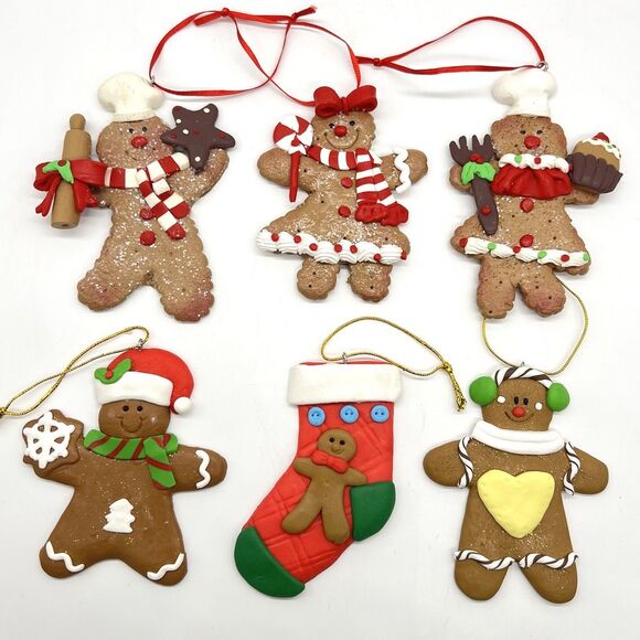 Gingerbread Man Girl Christmas Ornament Lot 6 Clay Dough Flat Kurt Adler Decor - Picture 13 of 13